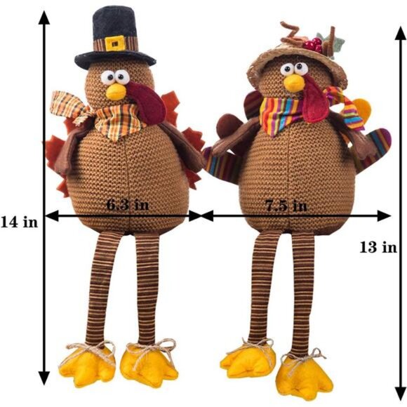 2 Pack Stuffed Turkey Couple Doll Thanksgiving Tabletop Decoration - Picture 3 of 7